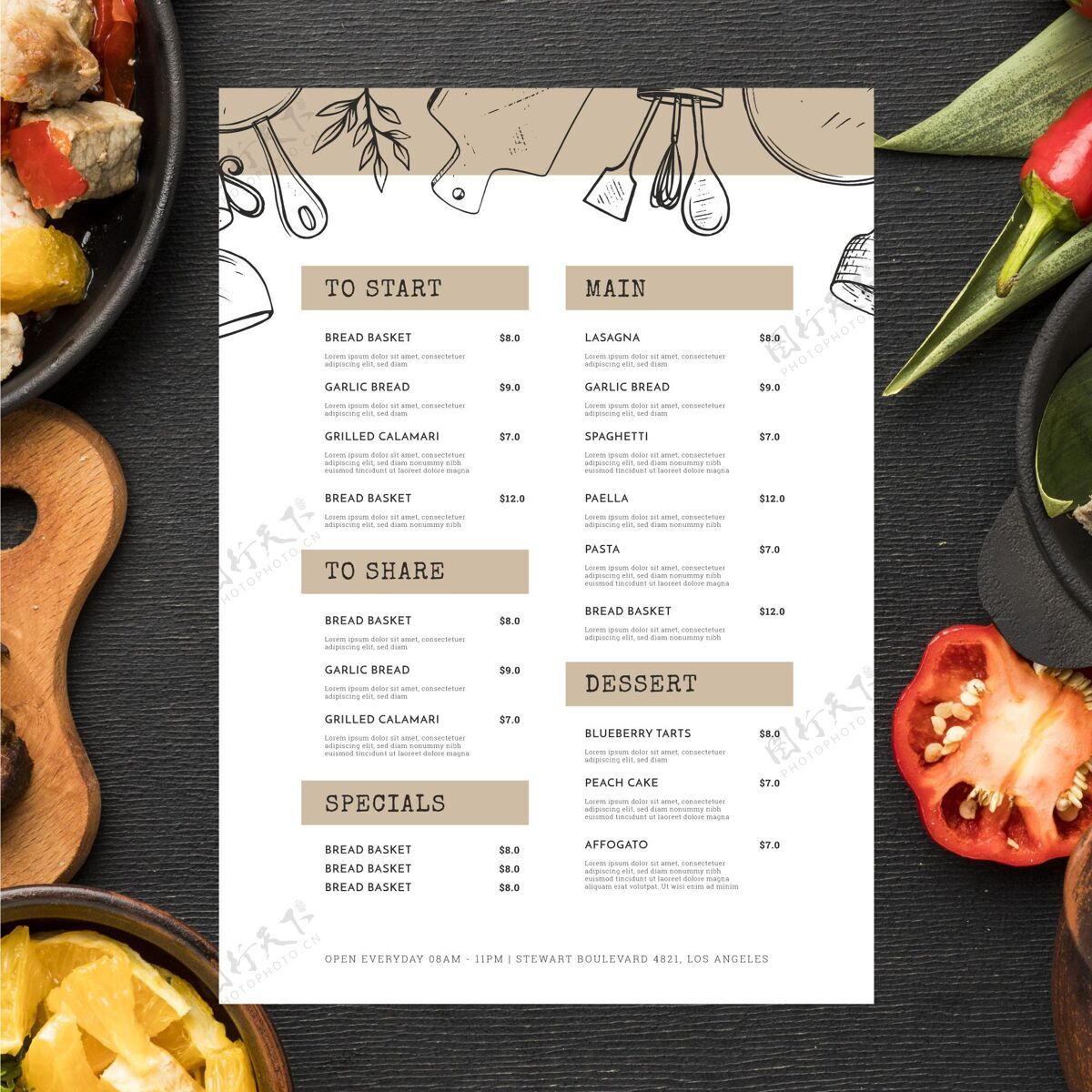 平面布置安排餐厅菜单和食物手绘准备印刷俯视图