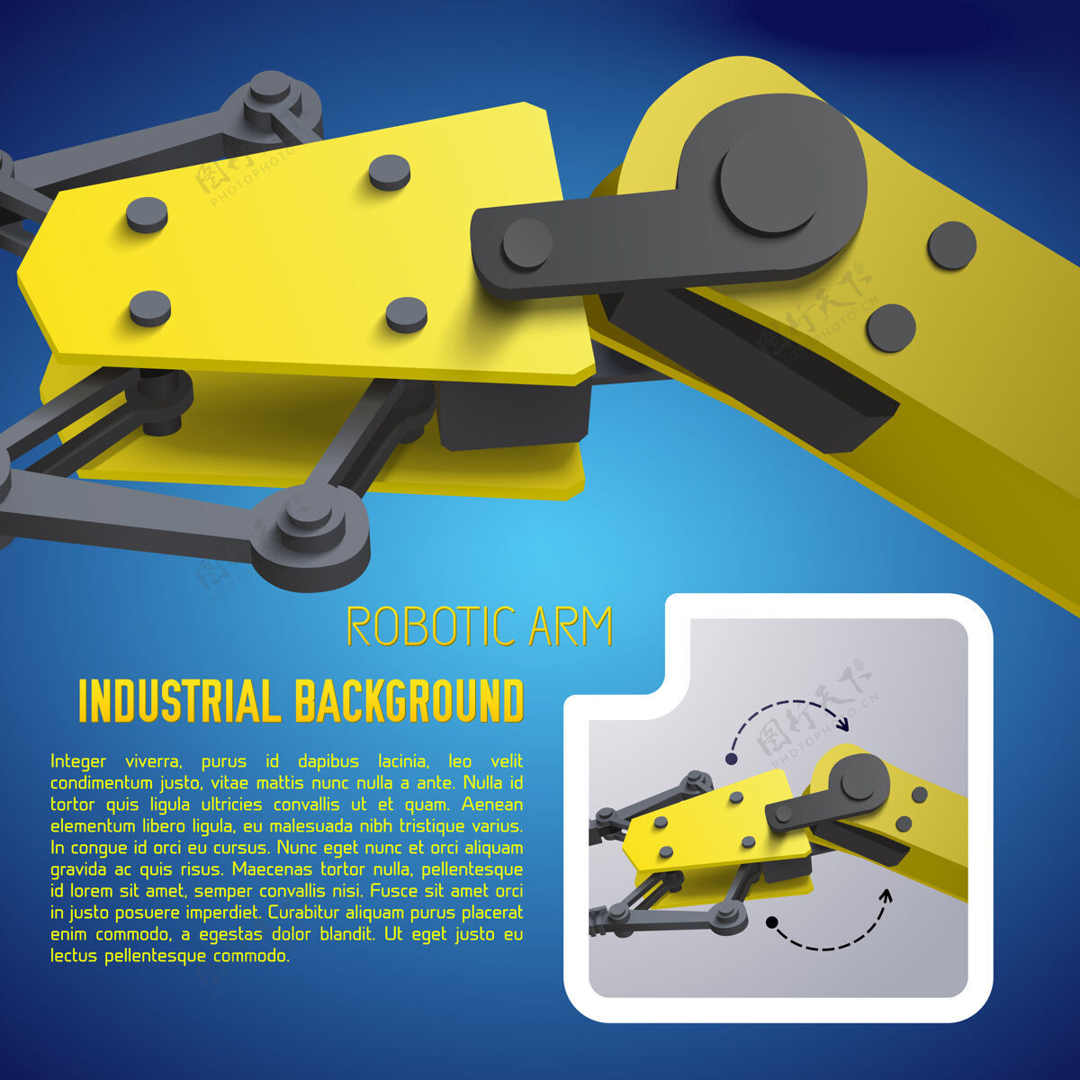 制造三维现实黄色机器人手臂与工业背景描述和机器人手臂的细节生产机器人工具