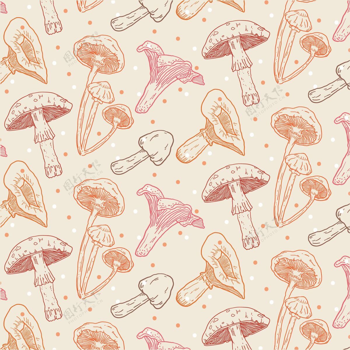 壁纸手绘蘑菇图案面料蘑菇手绘无缝