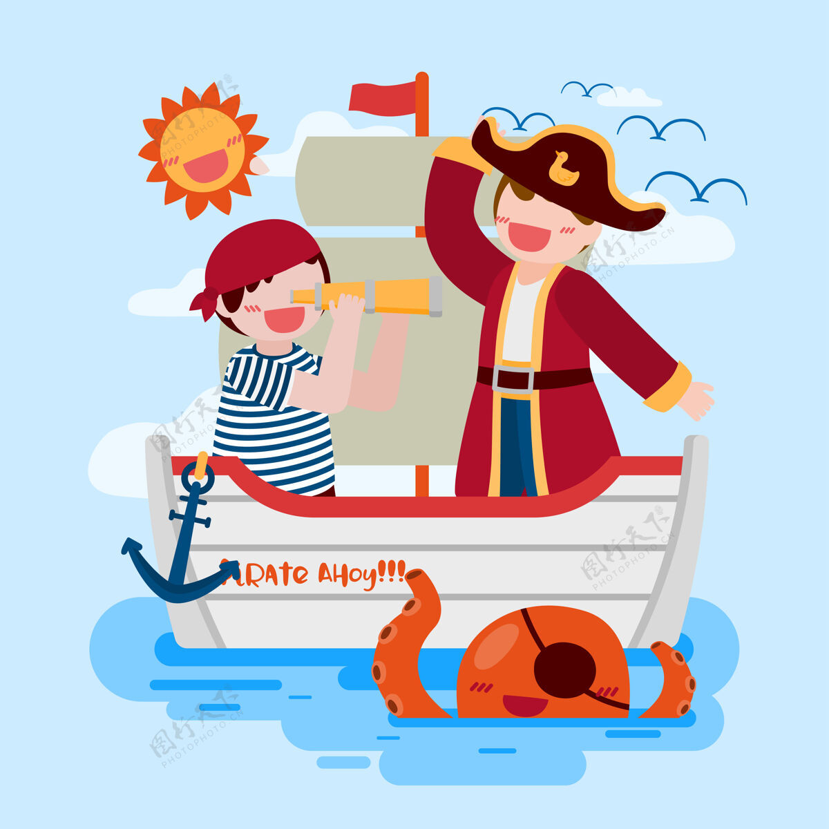 鸟海盗和色拉男孩在船上用双筒望远镜 在海里用鱿鱼 画卡通人物漫画船望远镜