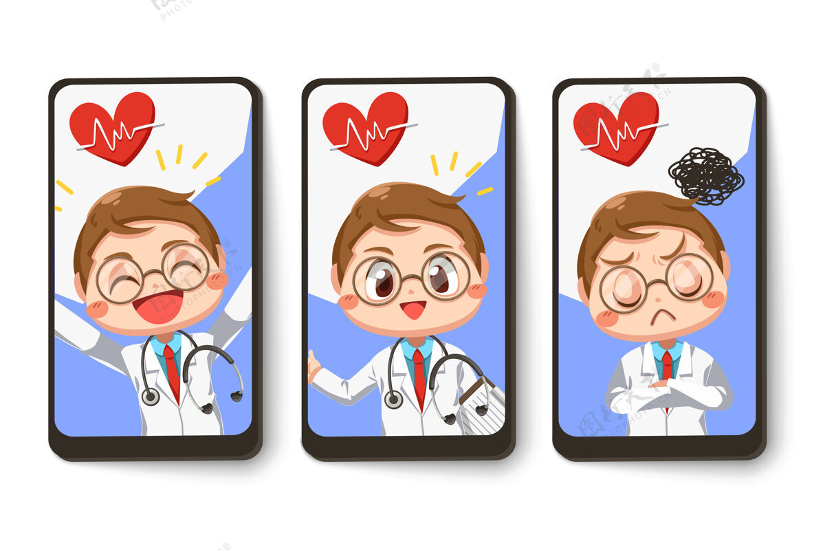健康卡通人物中带着不同情感听诊器的穿睡衣医生卡片 孤立的平面插图剪贴板专业感情