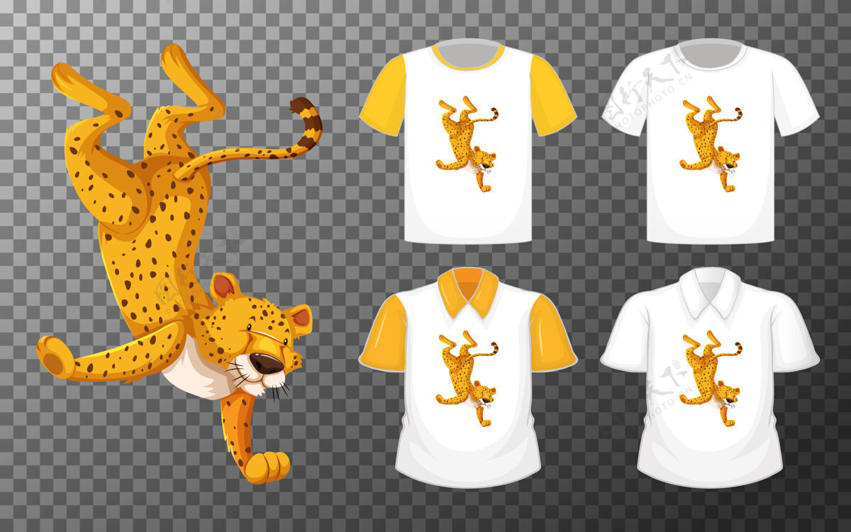 彩色豹子在跳舞的立场卡通人物与透明背景上的衬衫多种类型老虎活着衣服