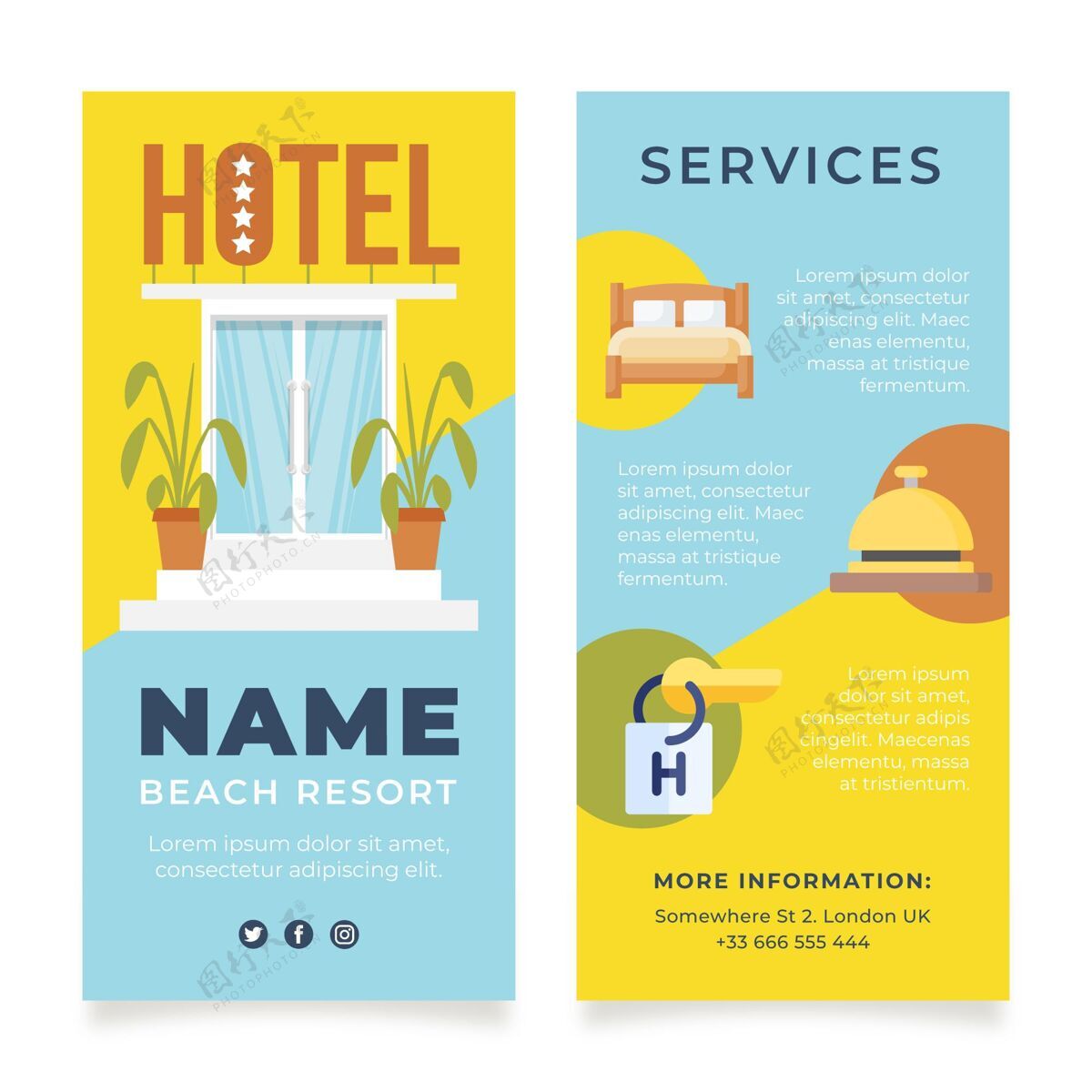 旅行现代酒店传单模板与插图度假村预订打印模板
