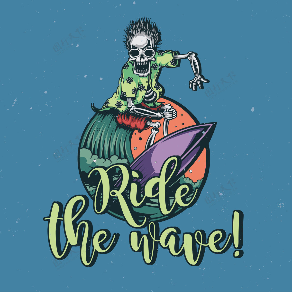 骷髅T恤或海报设计与冲浪板上的骨骼插图热带冲浪板运动