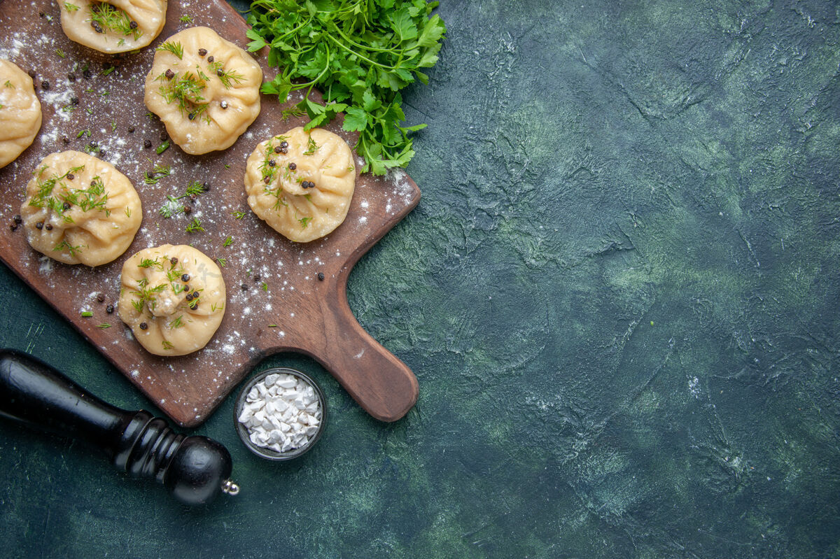 动物俯视图小生汤圆与番茄酱和绿色的深蓝色表面烹饪晚餐面团菜一餐美食肉番茄膳食海螺
