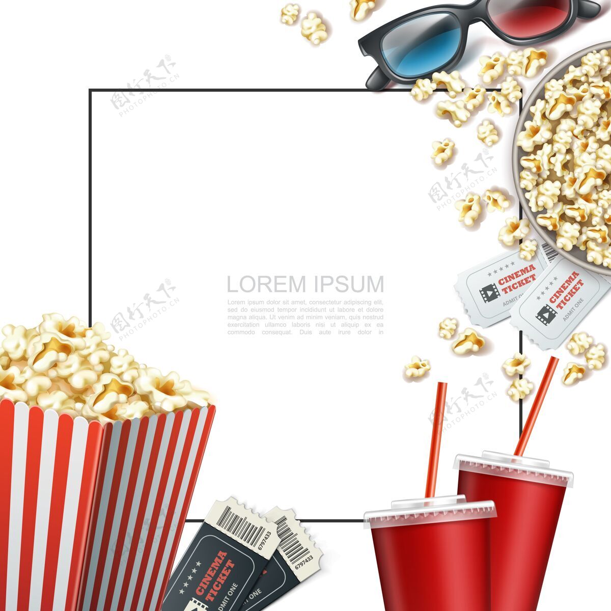 电影现实的电影元素模板与文本框架三维眼镜票汽水杯条纹纸盒和爆米花桶纸盒子食物