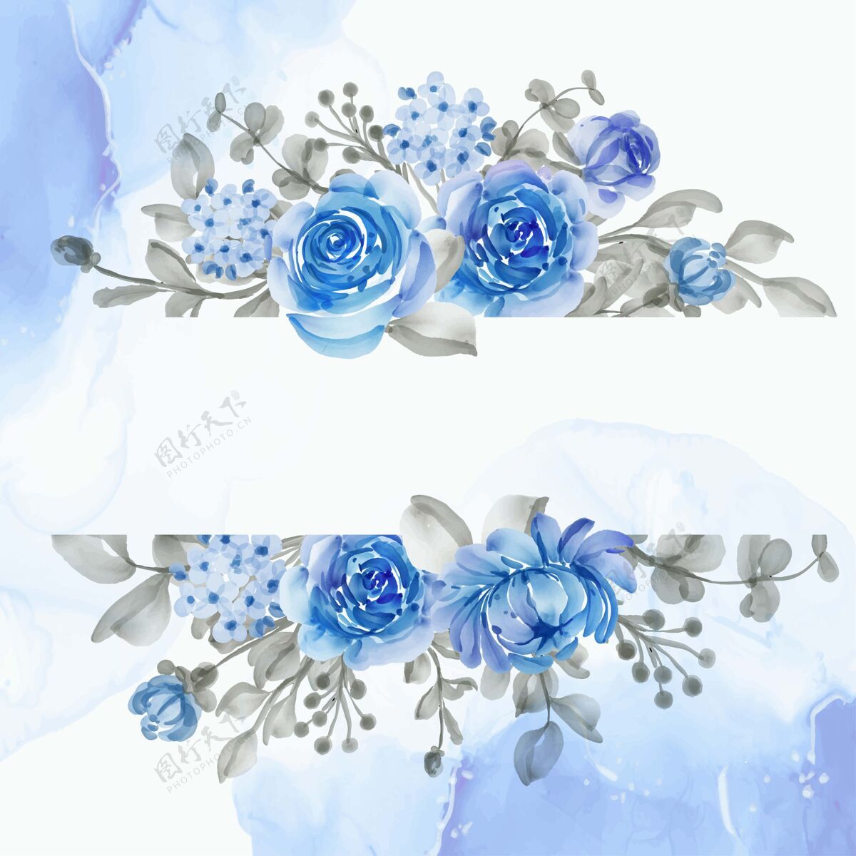 婚礼请柬美丽的花框与优雅的花蓝色花叶子玫瑰