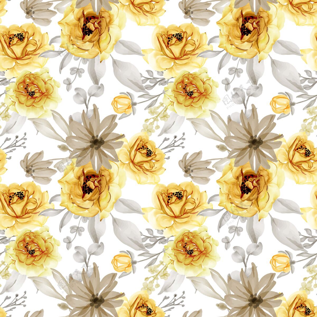 植物无缝图案的花朵玫瑰金黄色和灰色白色夏天优雅