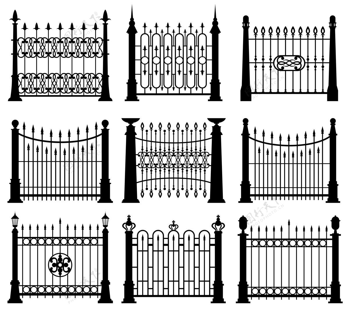 锻造黑白相间的铁门和栅栏障碍元素大门