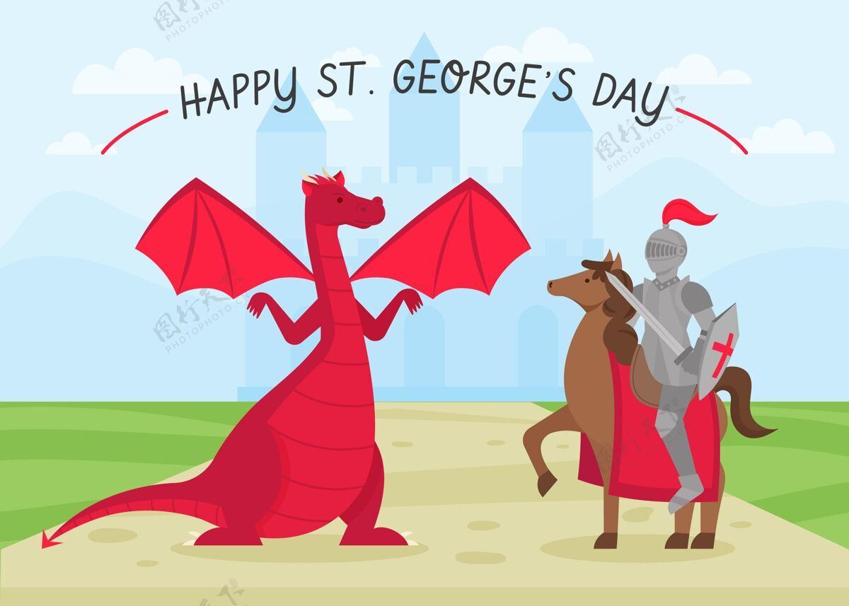 传统卡通圣乔治日插图与骑士和龙庆典插画龙