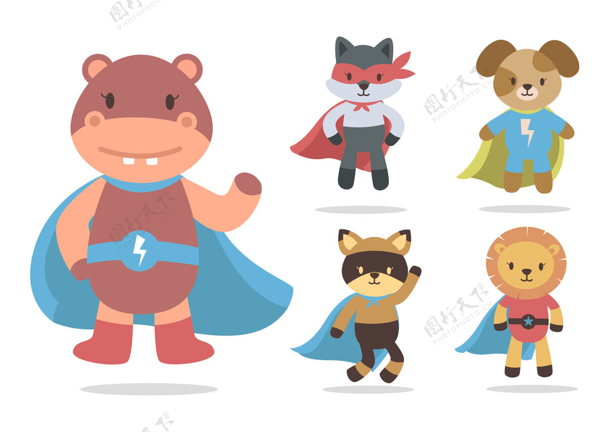 河马可爱的动物卡通与超级英雄吉祥物字符集合狐狸浣熊宠物
