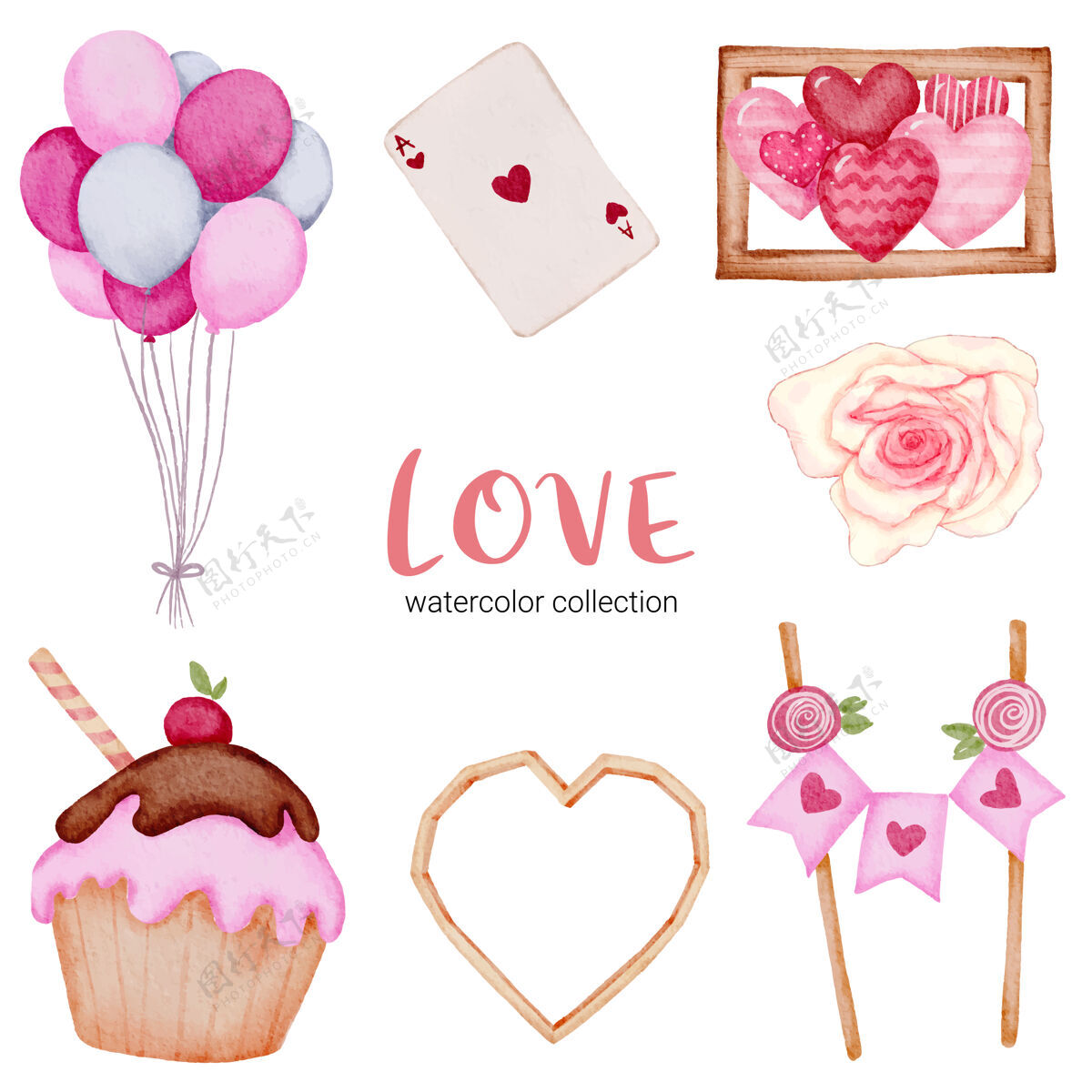 绘画套大孤立的水彩情人节概念元素可爱浪漫的红粉心形装饰 插画团体气球卡片