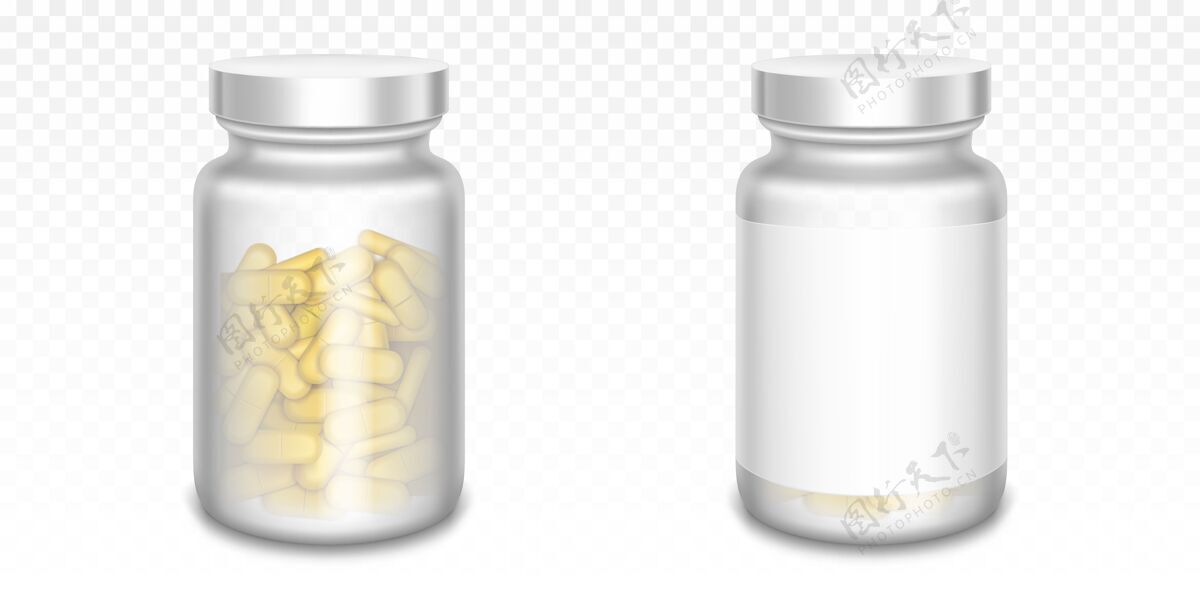 包装药瓶上隔离着黄色的药丸 透明的医疗片剂维生素