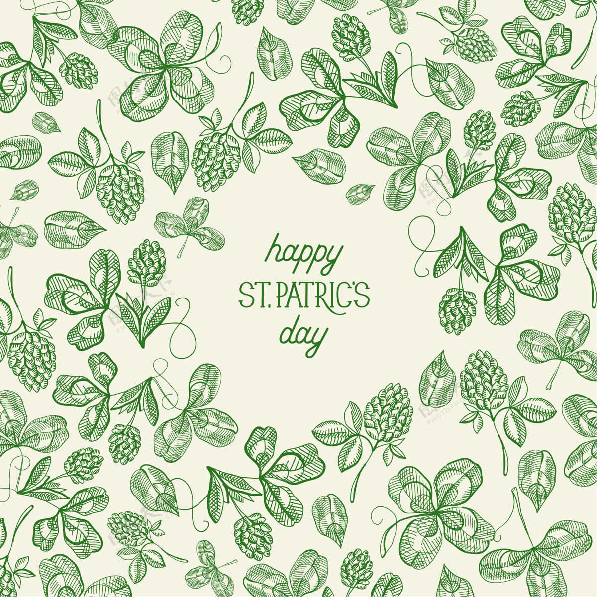 印刷复古圣帕特里克日绿色模板与铭文素描爱尔兰三叶草和四叶草矢量插图传统圣帕特里克