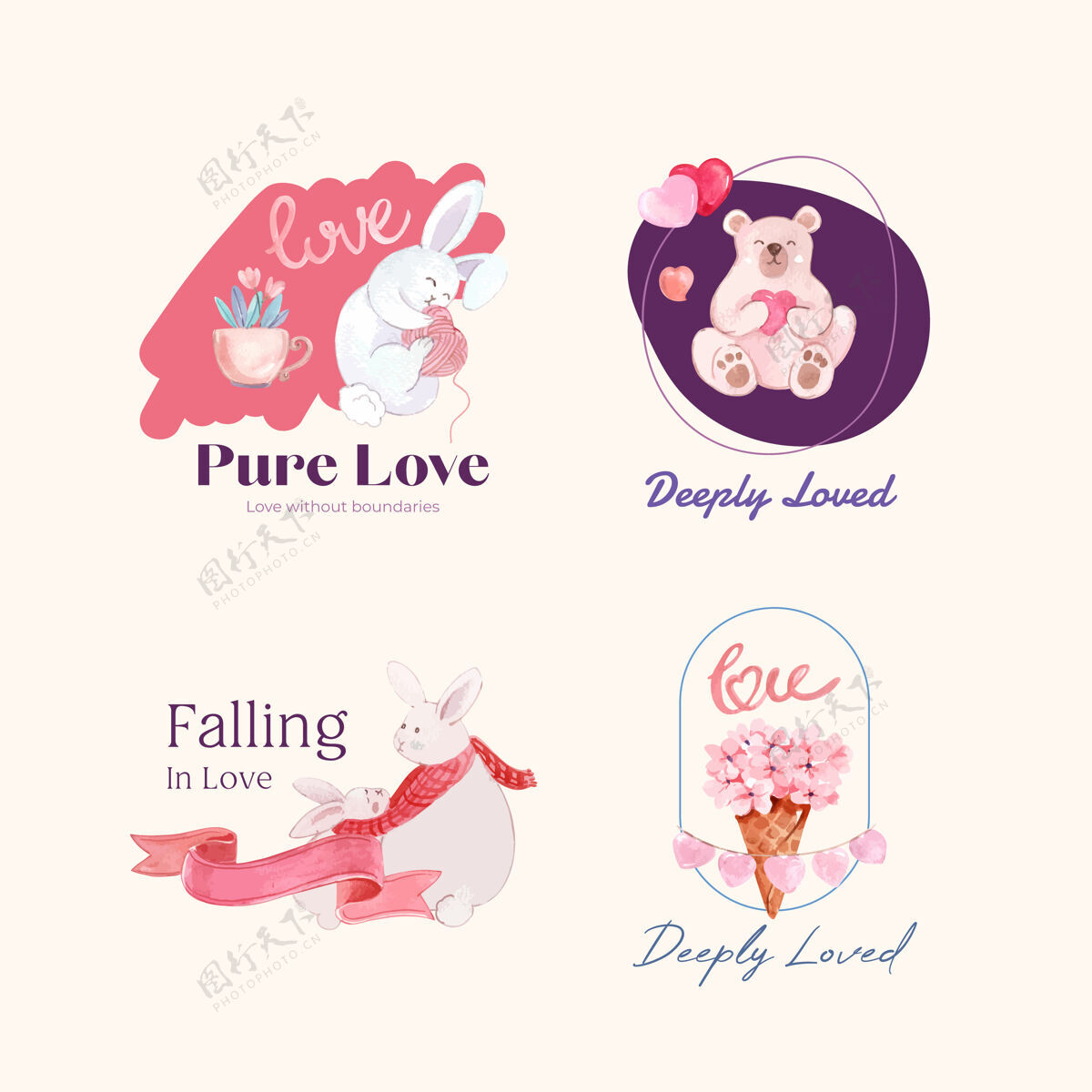 可爱标志设计与爱你的概念 为品牌和商业水彩插图心熊兔子