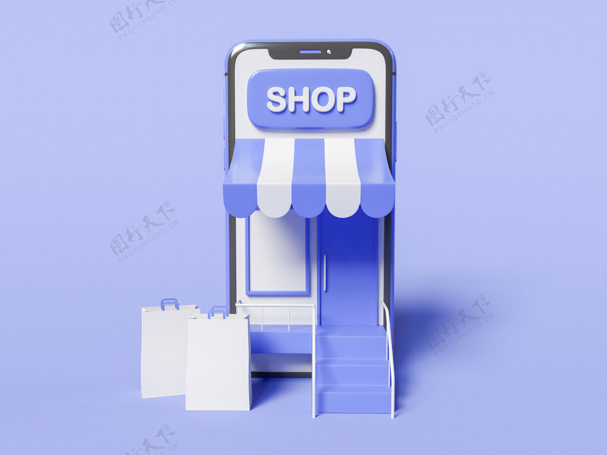 产品3d插图屏幕上有商店和纸袋的智能手机网上购物概念购物车电话在线