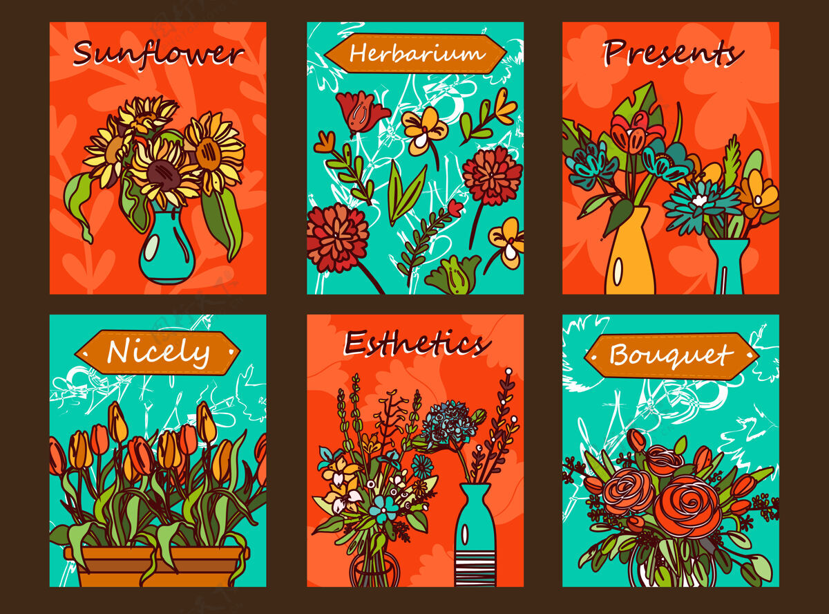 向日葵花卉传单集在花瓶 郁金香 玫瑰插图与橙色和绿色背景上的文字束束绿色样品