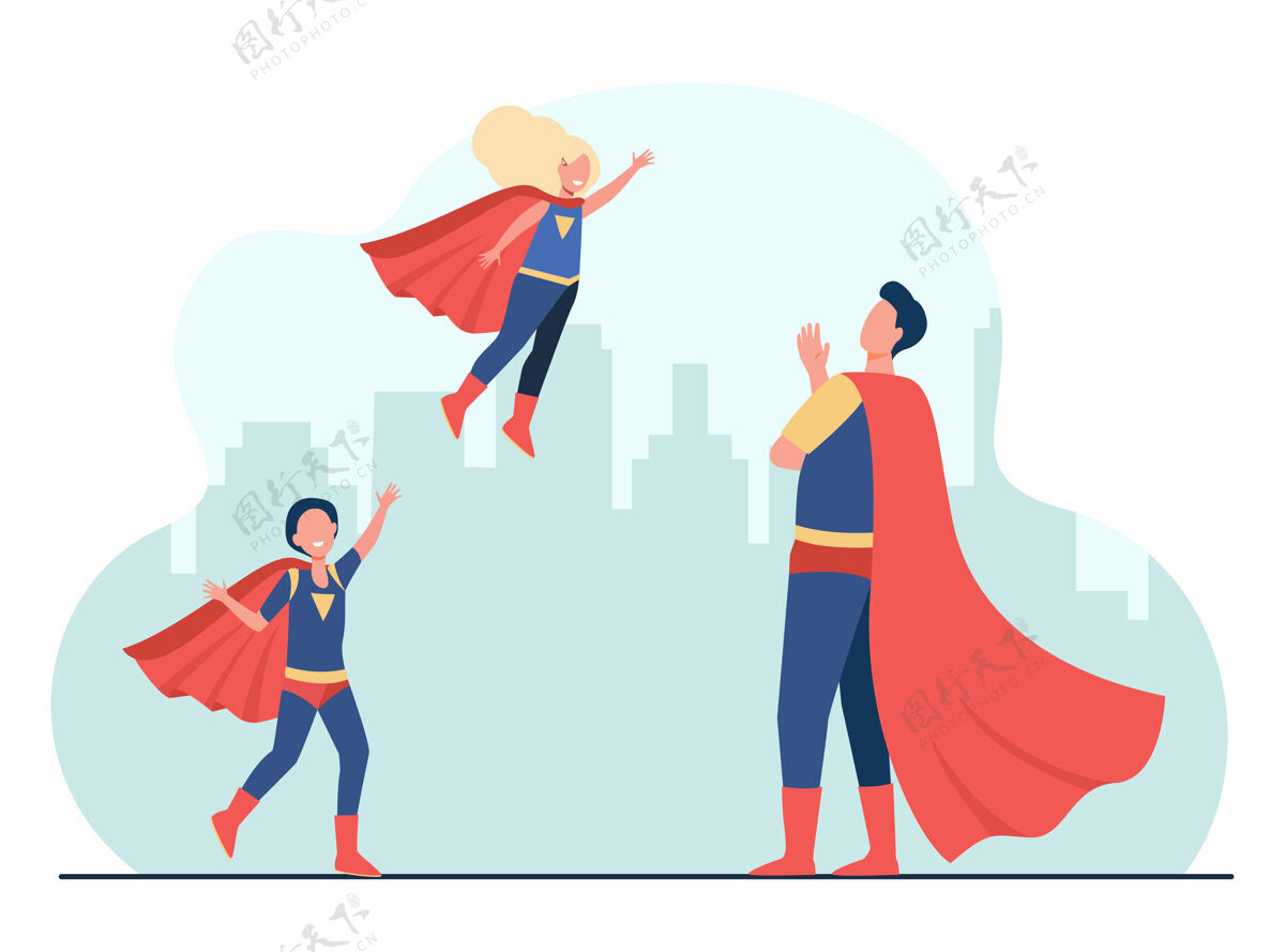 男人快乐的超级英雄父亲和孩子们在超级服装卡通插图父亲人物服装