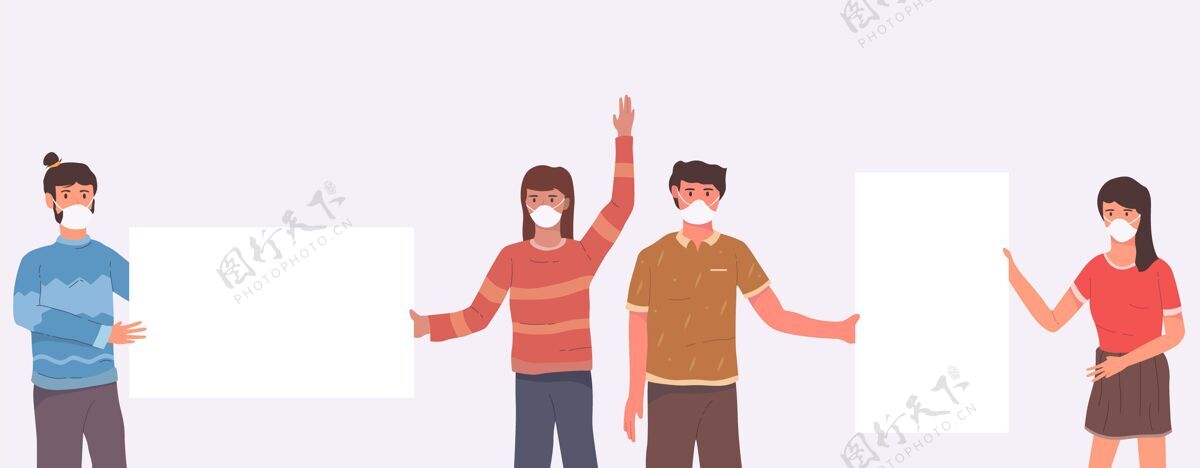 大流行戴着医用口罩 贴着空白标语牌的平手画的人抗议病毒感染