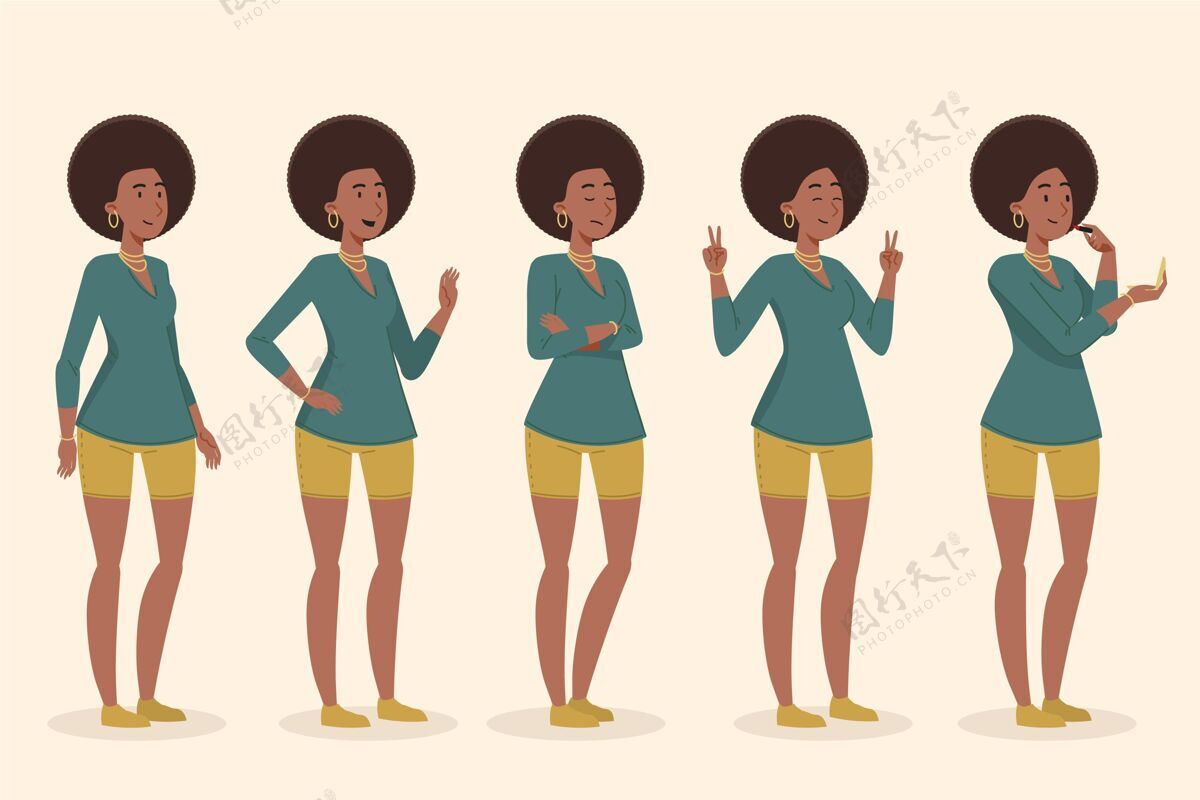 女孩平面手绘不同姿势的黑色女孩收集平面包装选择