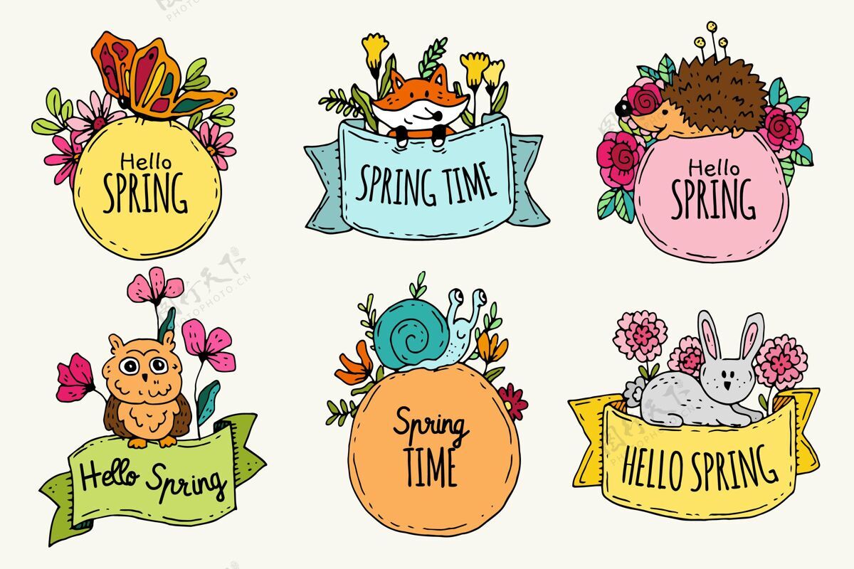 品种手绘春季徽章系列春季标签自然植物