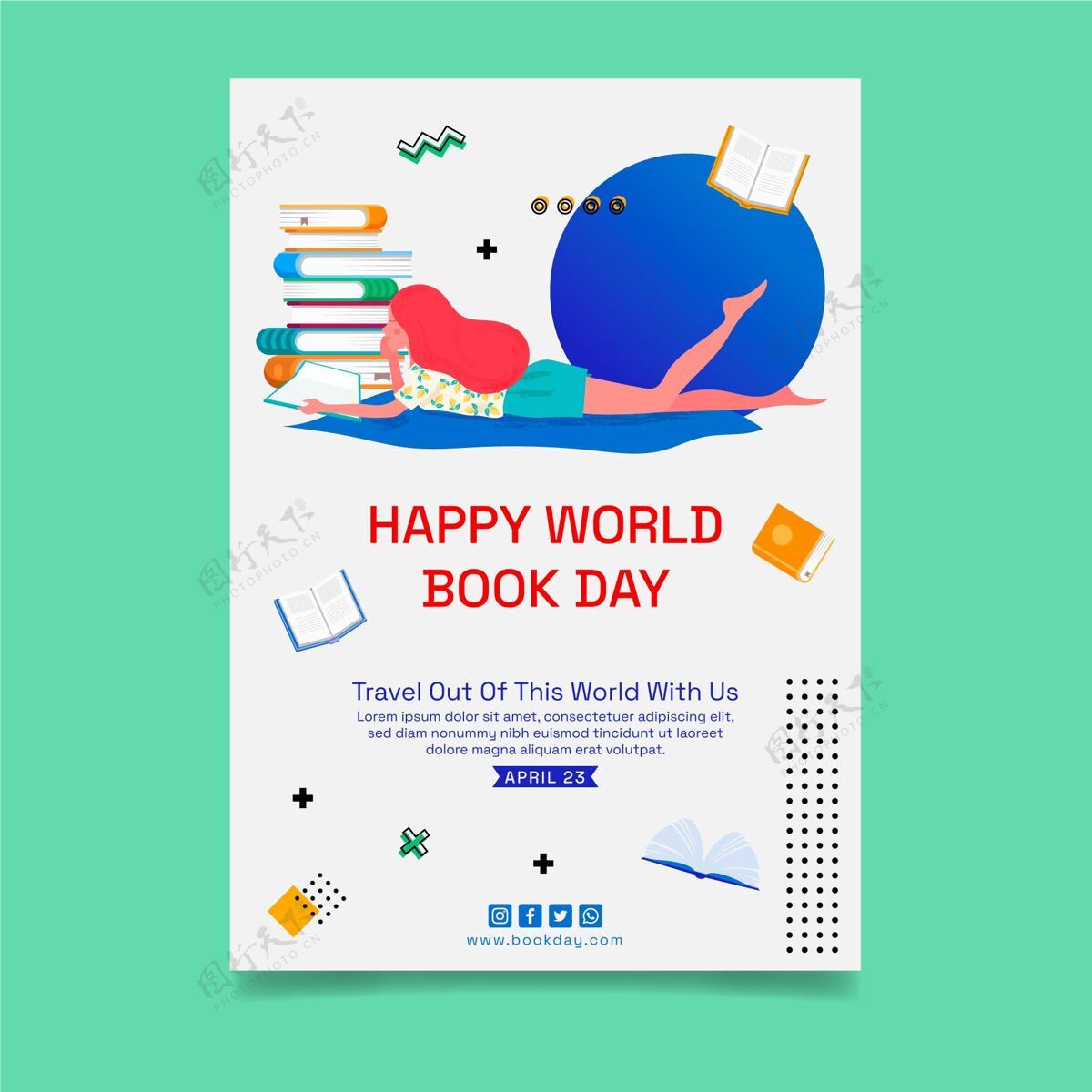 国际世界图书日庆祝活动垂直海报模板全球庆典垂直