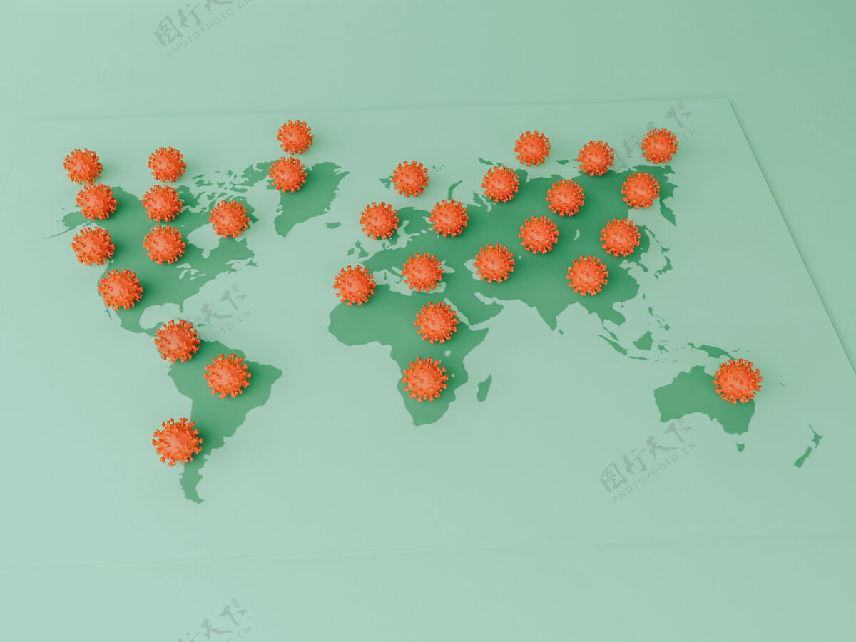 科学3d插图世界地图上的covid-19细胞冠状病毒大流行爆发covid-19概念生物学全球医学