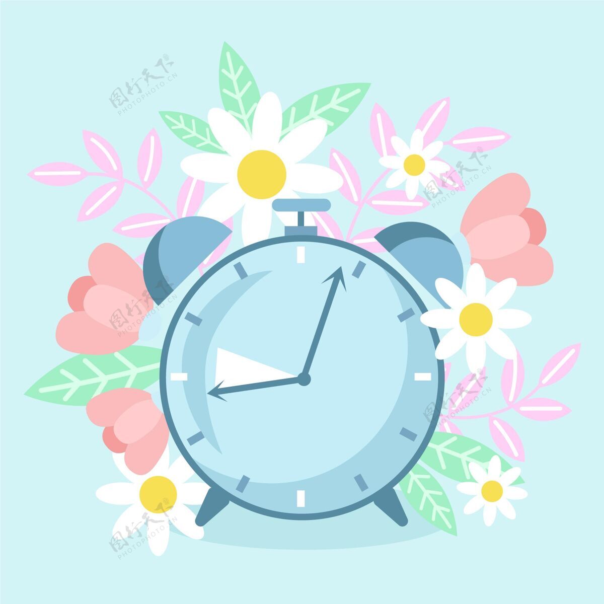 插图手绘春季时间变化插图与时钟和鲜花季节手绘钟
