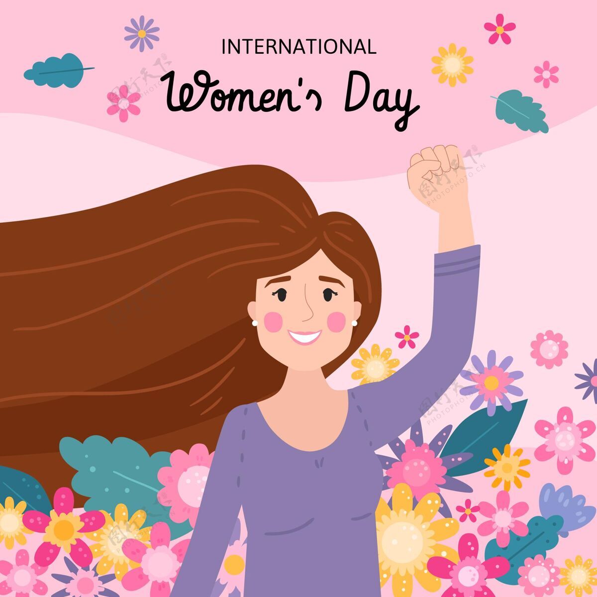 平等权利手绘国际妇女节插画与妇女挥手国际妇女节全球妇女节