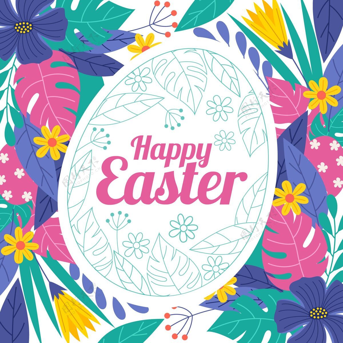 基督教手绘复活节彩蛋和鲜花插画问候复活星期天节日