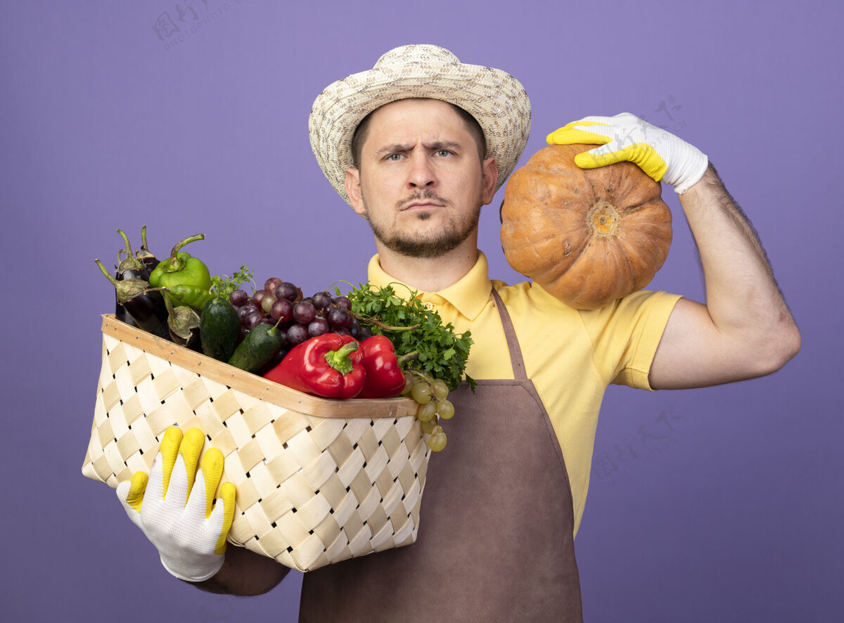 穿年轻的园丁穿着连体衣 戴着帽子 戴着工作手套 手里拿着装满蔬菜的箱子 手里拿着南瓜 严肃地站在紫色的墙上看着前面帽子板条箱看