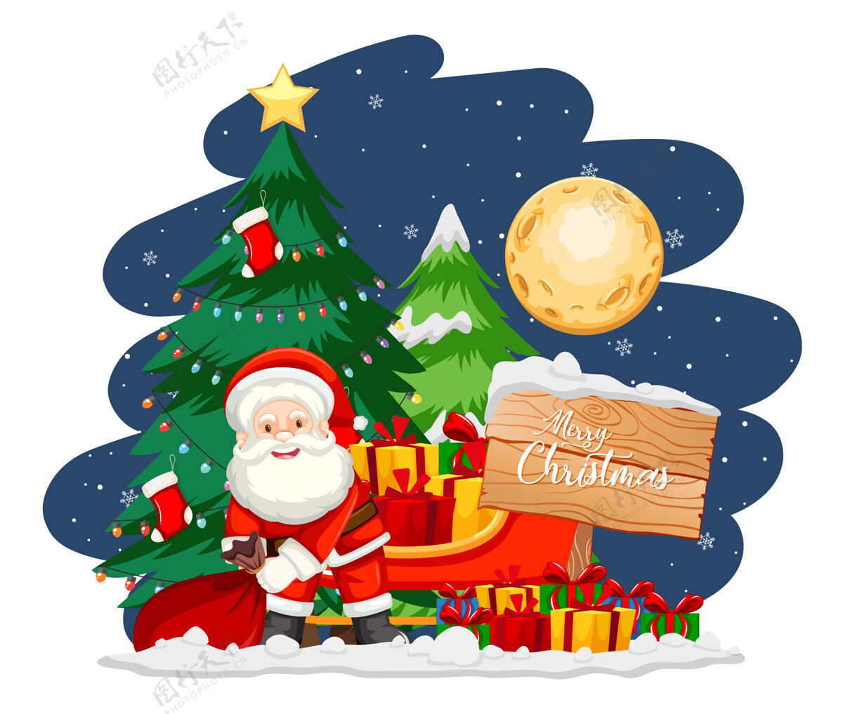夜晚圣诞老人与圣诞树和雪人在晚上树庆祝卡片