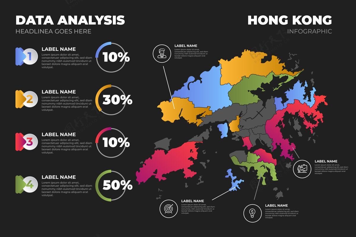 营销彩色渐变香港地图信息图表过程香港信息