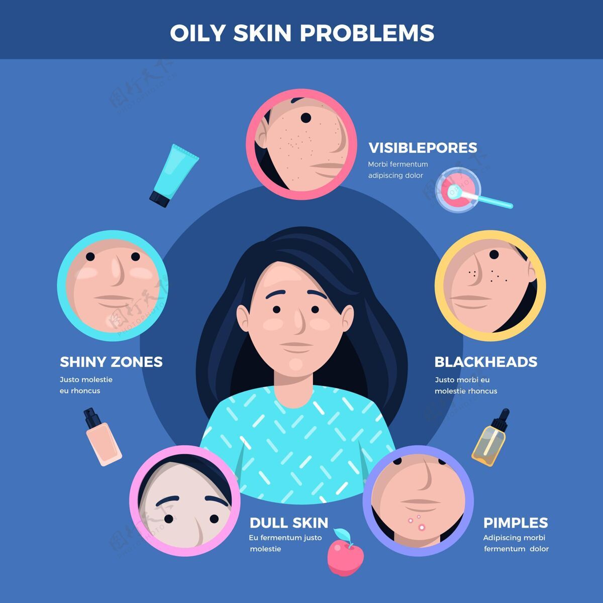 人物平面手绘油性皮肤问题信息图问题女孩油性皮肤
