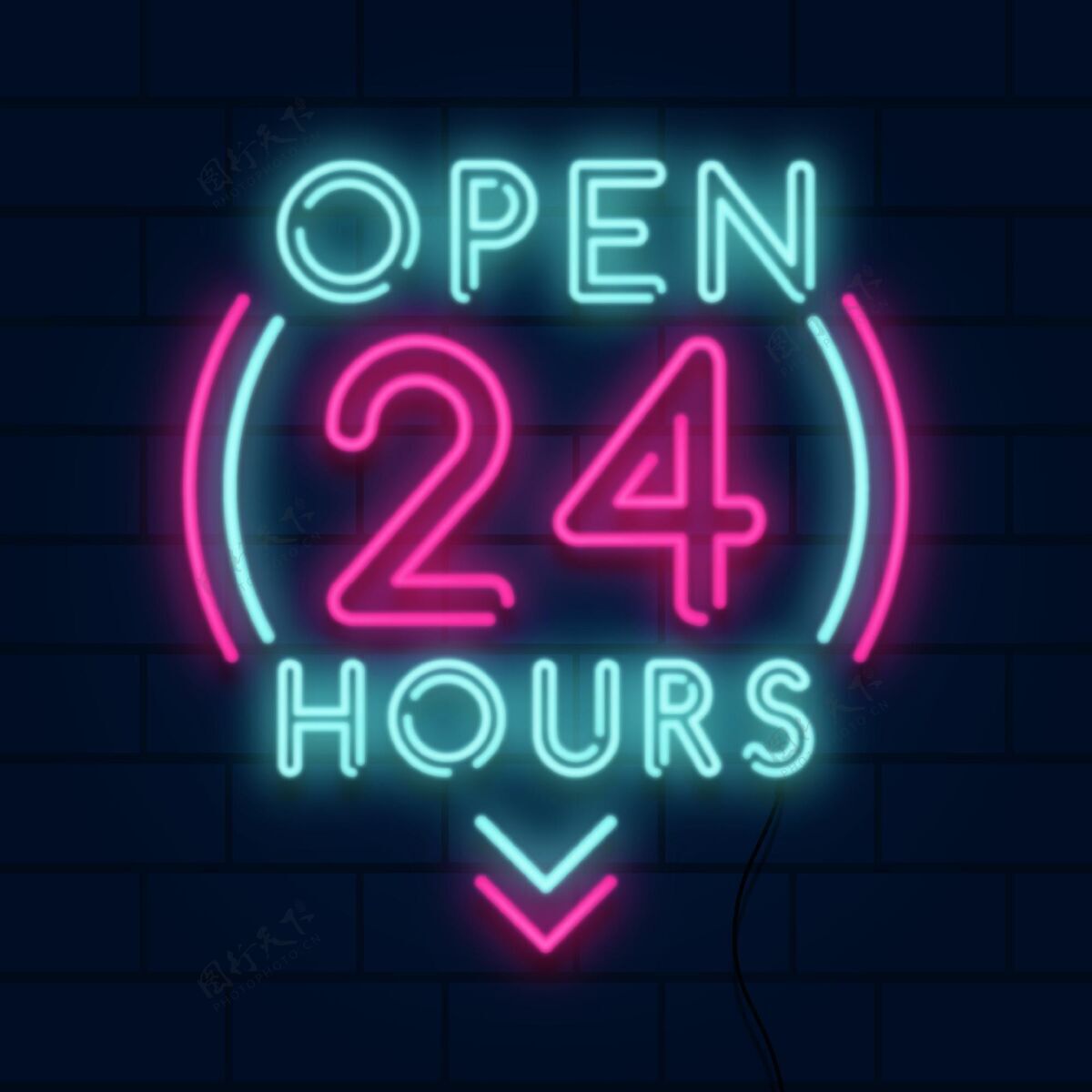 砖块霓虹灯“24小时开放”标志照明灯光效果