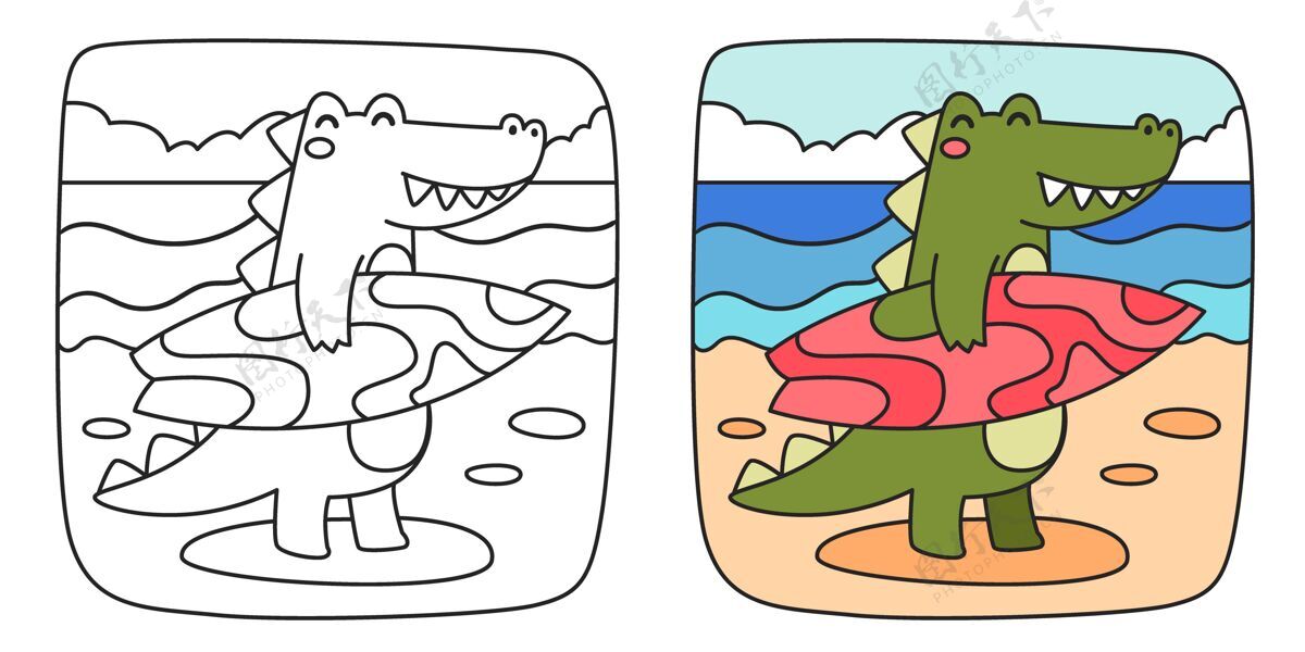 插图鳄鱼儿童彩画卡通冲浪板绘画
