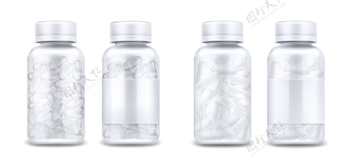 真实带有药丸和透明胶囊的药瓶隔离在白色背景上带有空白标签和盖子的玻璃或塑料透明容器的矢量真实模型装有药物的3d罐子产品补充剂胶囊