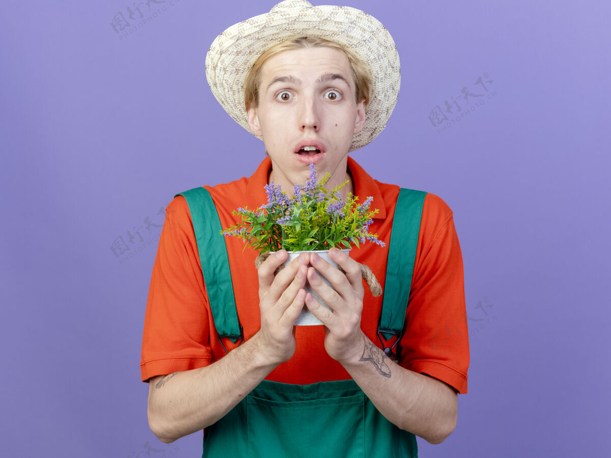 锅年轻的园丁穿着连体衣戴着帽子拿着盆栽植物惊讶立场举行连身衣