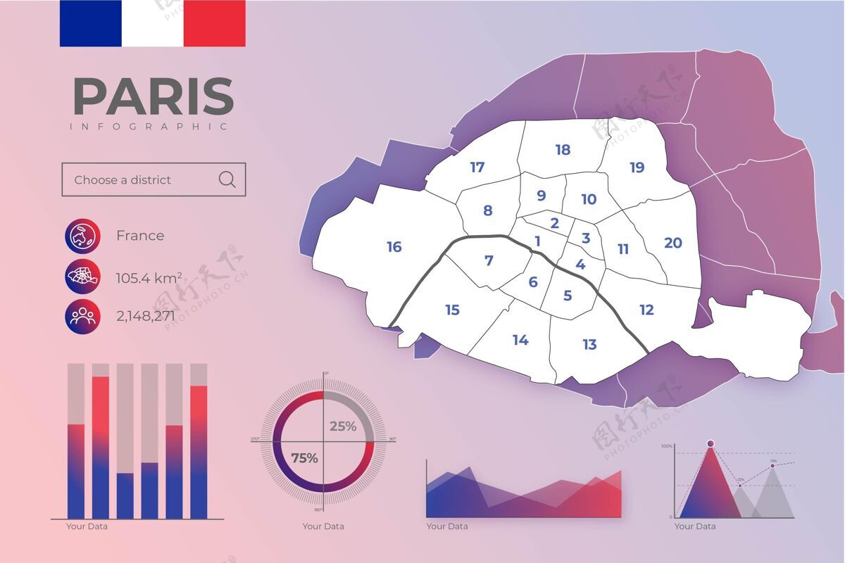 信息图渐变巴黎地图信息图分析地理数据
