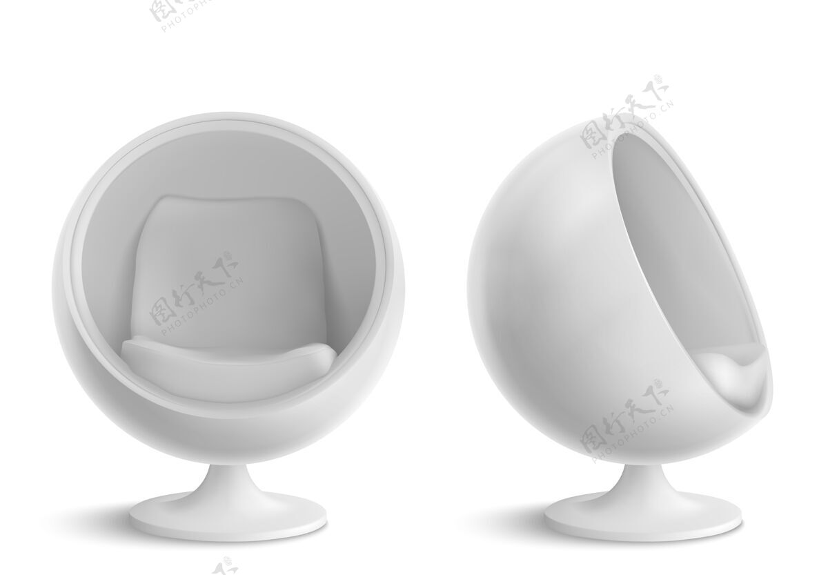 渲染球椅 圆形扶手椅正面和侧面视图家庭或办公室内部的未来派家具设计 白色背景上隔离的舒适蛋形座椅逼真的3d矢量插图椅子形状室内