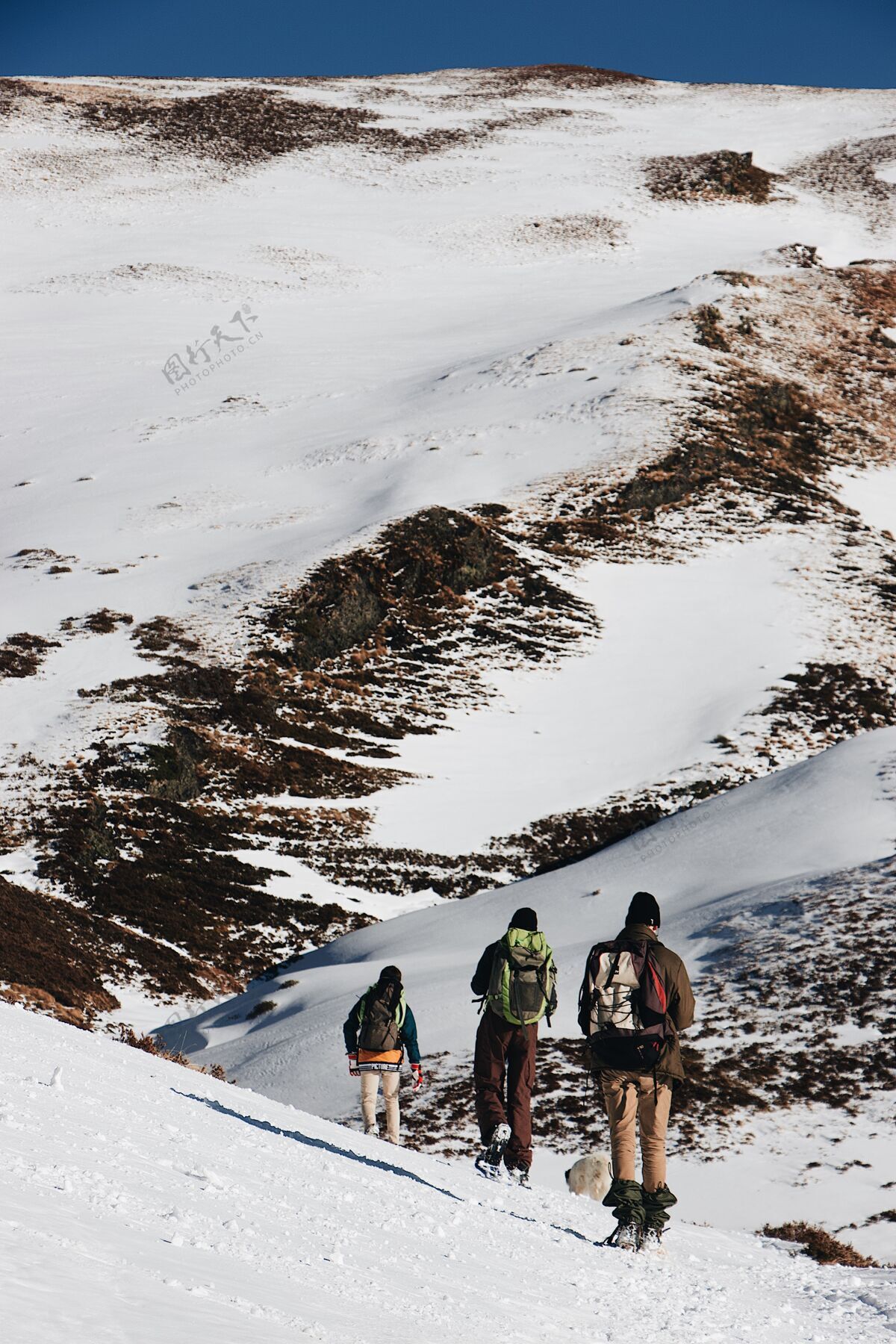 风景垂直高角度拍摄的徒步旅行者与背包在雪山远足高角度雪