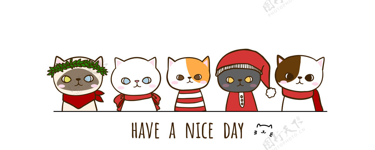 节日一套手绘涂鸦可爱的猫穿着印有字母的圣诞服装圣诞快乐猫涂鸦