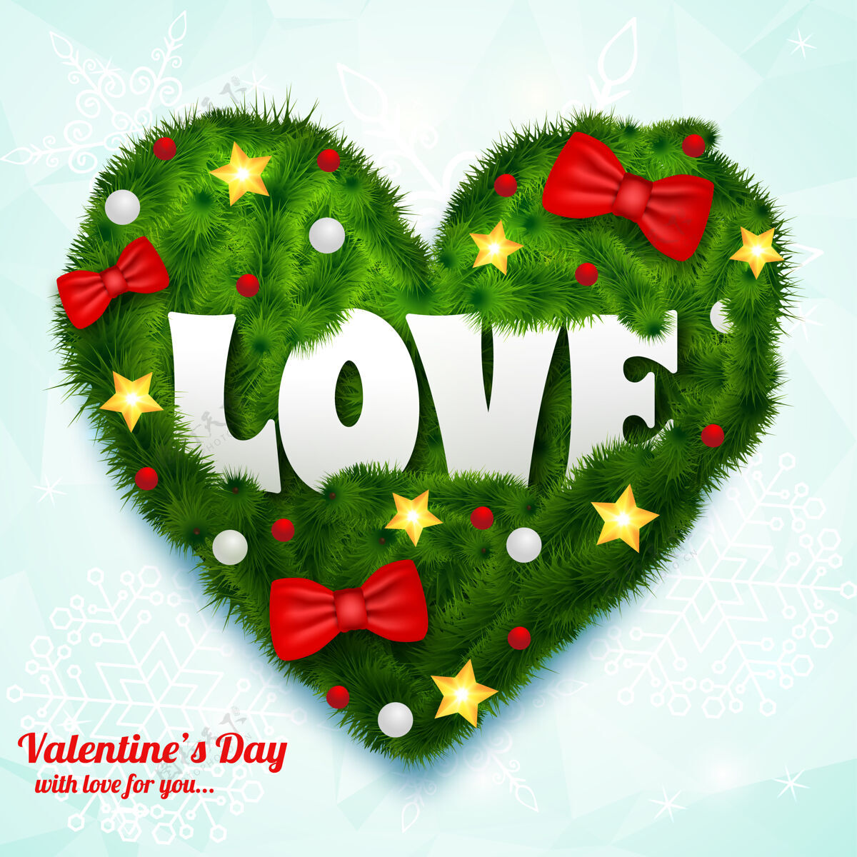 设计情人节自然与题词绿色的心从分支丝带蝴蝶结圣诞饰品星星孤立矢量插图爱情卡片印刷