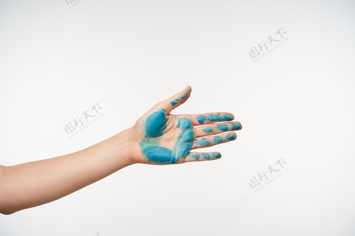 指甲侧视图女性的手与蓝色的 它是提高 而要握手的人的手 展开它在前面 而在白色的姿势室内语言手臂