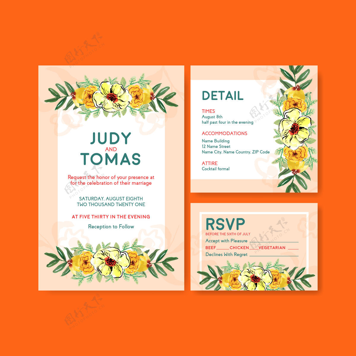 绘画婚礼卡片模板与毛笔花卉概念设计的邀请和结婚水彩画背景自然婚礼
