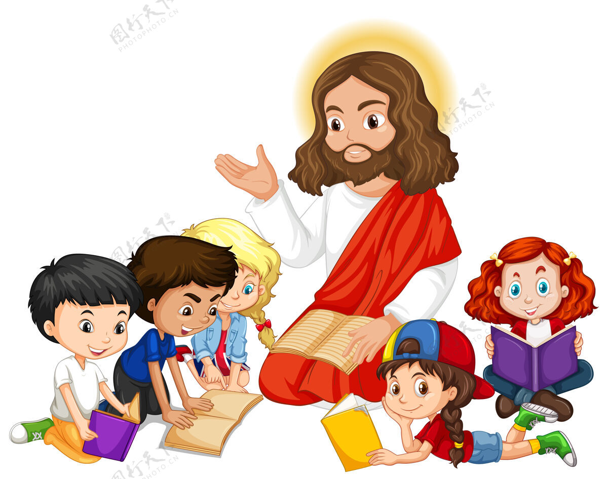 男性耶稣向一群卡通人物宣讲宗教年轻相信