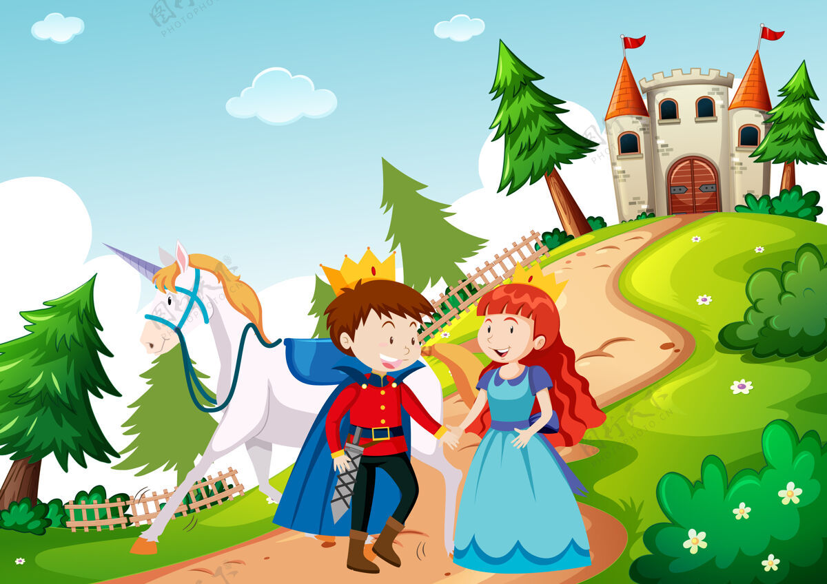 城堡童话世界里的王子和公主皇家结构动物