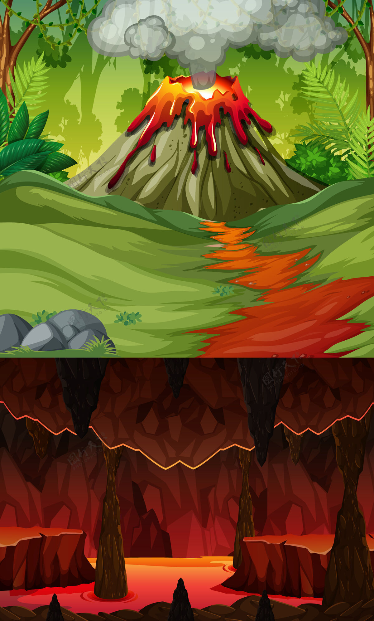 场景火山喷发的森林场景和地狱洞穴与熔岩场景爆炸树火山