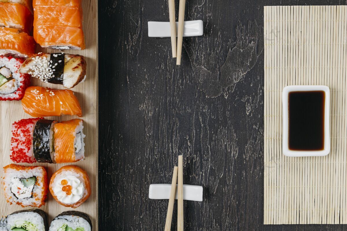 分类平铺传统日本寿司与复制空间餐厅寿司营养