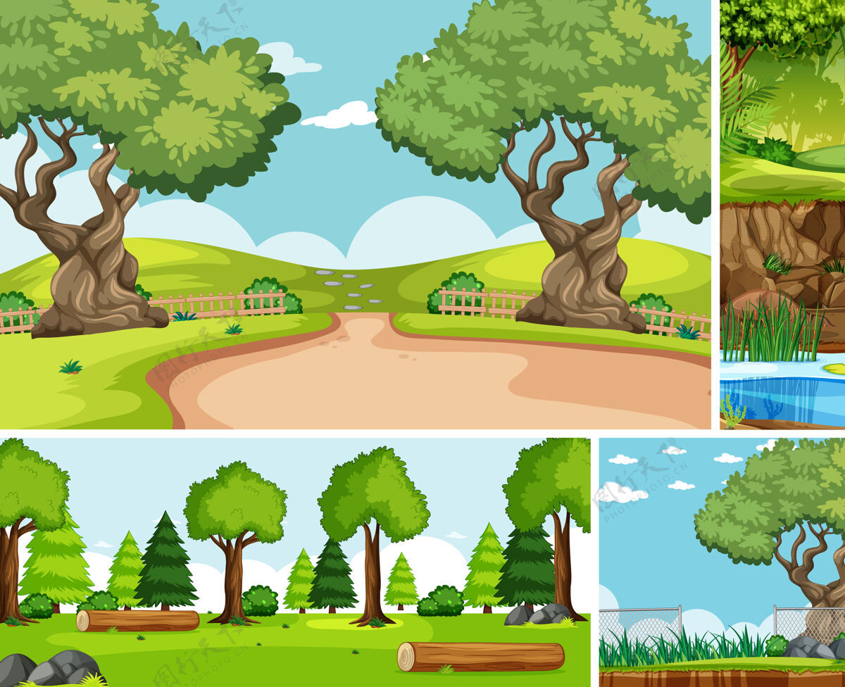 游戏六个不同的场景在自然设置卡通风格主题森林沼泽